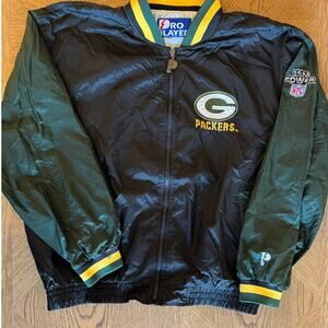 Vintage 90s Pro Player Green Bay Packers Nylon Zip Jacket Bomber Spell Out Mens